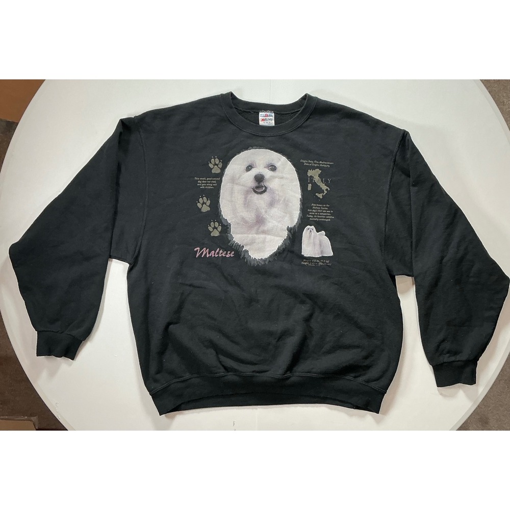 VTG 90s Maltese Dog Sweatshirt Dog Mom Granny Cottagecore Nature Black Women XL
